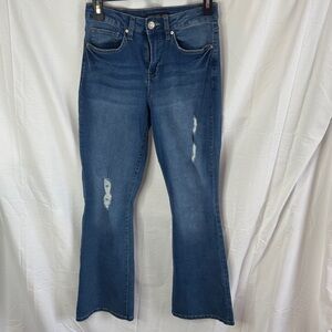 Women's Dark Blue Flare Jeans with Subtle Distressing